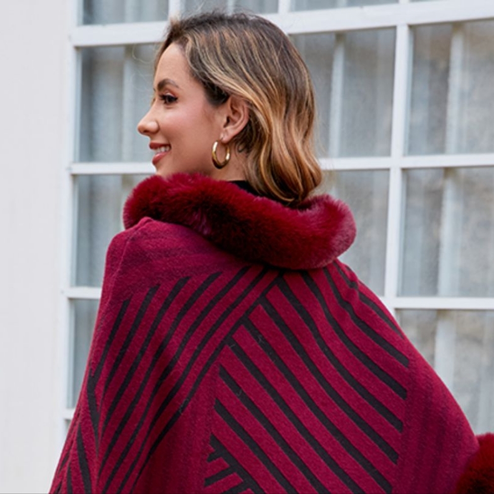 Plush Faux Fur Retro Fringe Stripe Pullover Oversized Warm Knit Poncho Cardigan - Picture 10 of 14